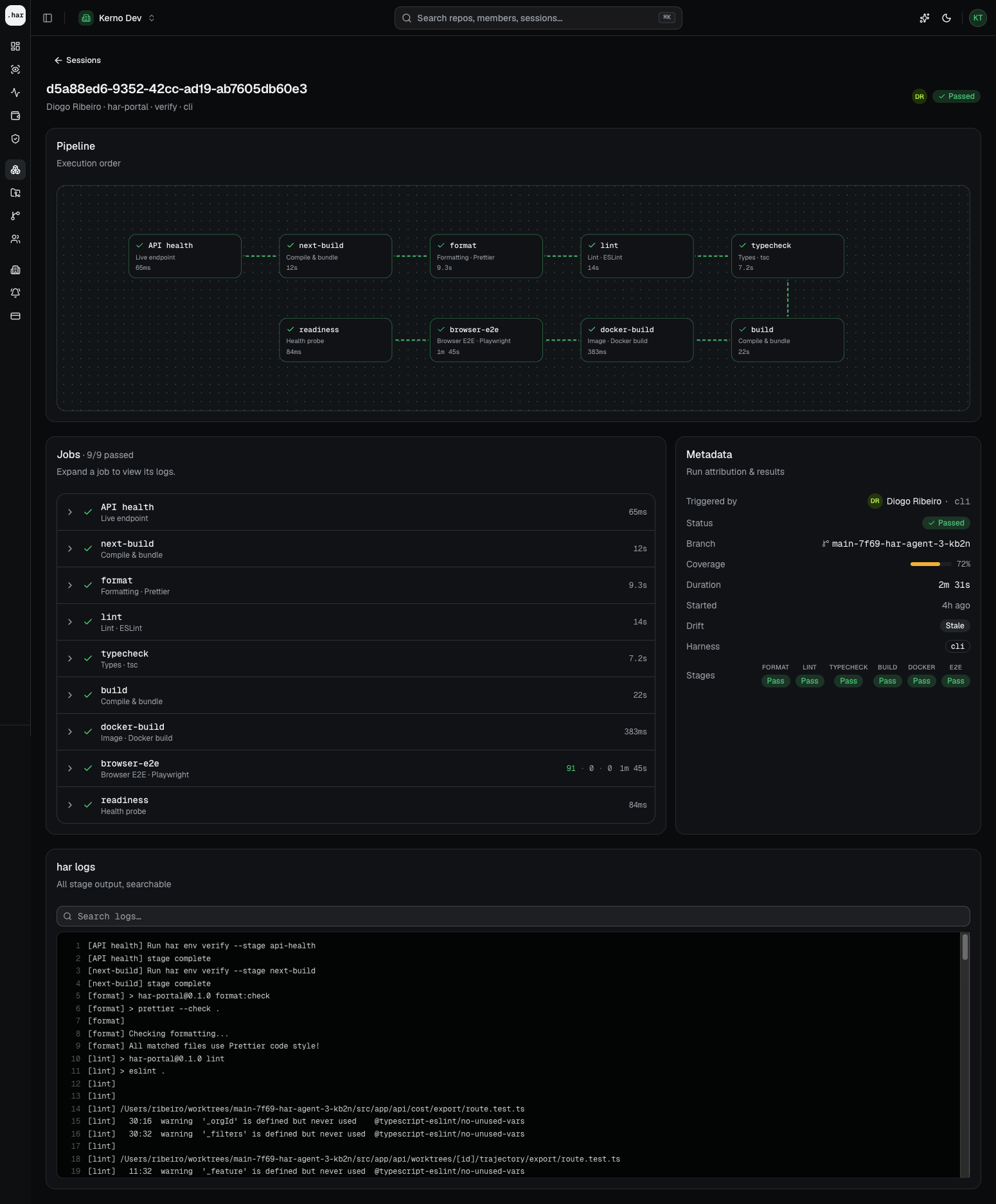 HAR HQ session detail with pipeline stages and jobs