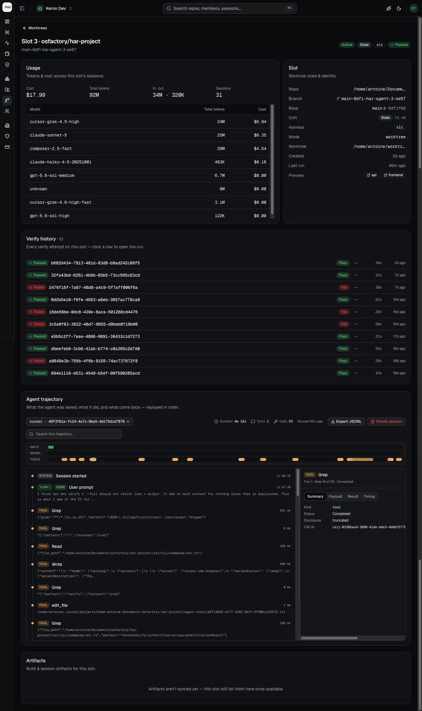 HAR HQ worktree slot detail with verify history and agent trajectory